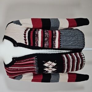 Cabin Creek LGP Patchwork Striped Cardigan Cabincore Chunky Cable Knit Granola